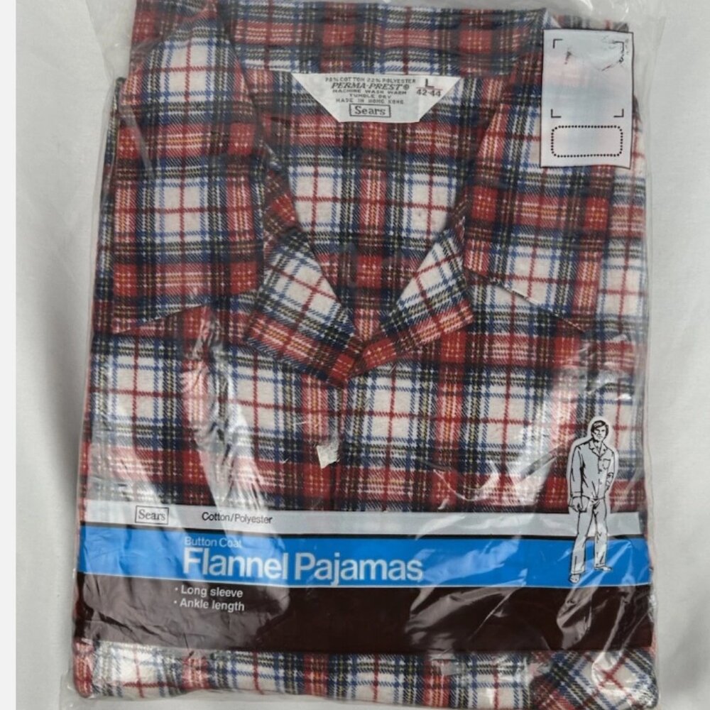 NEW Vintage Sears Red Plaid Flannel Pajama Set PJs Mens L Long Sleeve Pants 2 PC